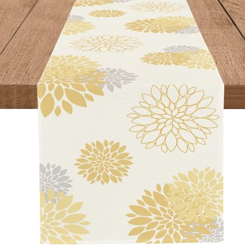 WHOMEAF Yellow Gray Table Runner Dahlia Pinnata Flower Beige Table Runners Modern Elegant Pompon Farmhouse Geometric Table Center Decor for Home Dining Party Entrance (13x72 Inch)