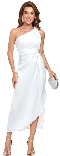 Women's One Shoulder Satin Silk Backless Split Wrap Hem Twist Ruched Summer Party Cocktail Midi Dress White
