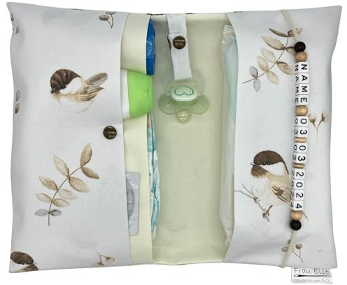 Große Windeltasche XXL mit Name personalisiert Wickeltasche - Vögel Spatz weiß creme - für Jungen und Mädchen