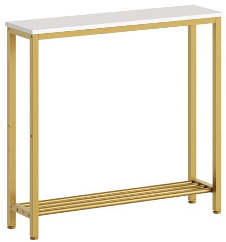YATINEY Table console étroite à 2 niveaux, petite table de canapé d'entrée fine de 74,9 cm avec étagères, table de couloir industrielle, pour salon, foyer, blanc et doré CT03DW