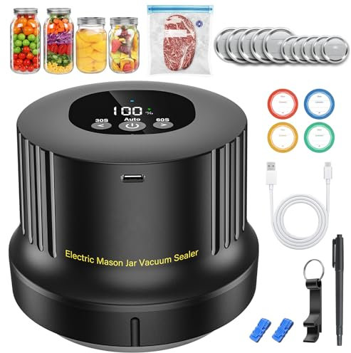 Electric Mason Jar Vacuum Sealer Kit-Automatic-Jar-Vacuum-Sealing-for-Canning Jars,3 in 1 Cordless Vacuum Sealer Machine with Wide&Regular Mouth Mason Lids/Vacuum Bags/Seal Containers for Food Storage
