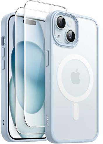 JETech 3 in 1 Cover Magnetica per iPhone 15 6,1 Pollici con Pacco da 2 Vetro Temperato Pellicola Protettiva, Compatibile con MagSafe, Traslucida Opaca Retro Custodia (Blu)