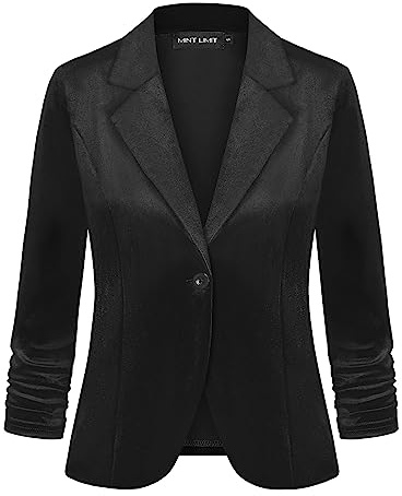 LADI TREND Damen-Blazer aus Samt, offene Vorderseite, Jacke, Blazer, Schalkragen, elegant, klassisch, formell, 3/4-Ärmel mit gerüschten Ärmeln, B-schwarz, L