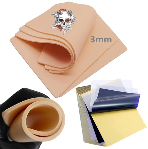 24 Stück Tattoo Haut 3mm mit Transferpapier Set, Unihuby 4Pcs Kunsthaut 3mm und 20 Stück Stencil Papier Übungshaut für Tattoo-Übungsset | 4 doppelseitige Tattoos, 3 mm und 20 Stück Tattoo-Transferpapier, Tattoo, Atrist, Anfänger, Übungszubehör