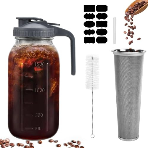 YBCCBY Cold Brew Coffee Maker 64oz Glass Iced Coffee Pitcher Mason Jar Pitcher with Handle & Stainless Steel Mesh Filter & Brushe, Stickers and Pen for Cold Brew Coffee and Tea Lemonade Grey