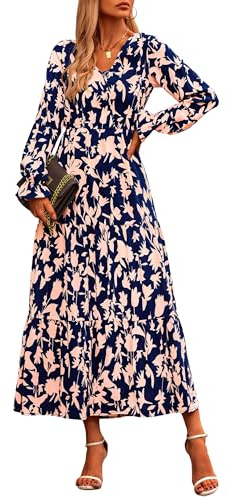 NOLLSOM Women's 2024 Fall Dresses Boho Maxi Dress Casual Long Sleeve V Neck Floral Dresses Wedding Guest Dress, Navy Pink Flower, XXL