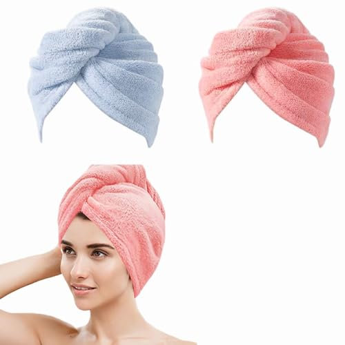 2 Stück Turban Haartrockentuch Haarturban mit Knopf, Haarturban Handtuch, Kopftuch Handtuch für Lange Haar, Schnelltrocknend Mikrofaser Handtuch Haarhandtücher