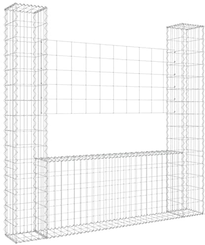 IKAYAA Gabionen Zaun U-Form mit 2 Säulen Steingabionen Steinkorb Gabionenwand Gabionenkörbe Gabionengitter Drahtkorb Steingabionen 140 x 20 x 150 cm