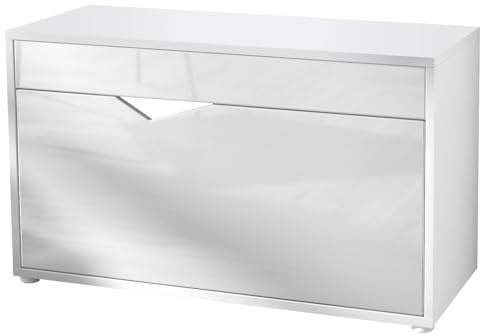 Vladon Kolmio Schuhbank, Sitzbank für 8 Paar Schuhe, Schuhregal mit Sitzfläche, Weiß matt/Weiß Hochglanz (85 x 50 x 33 cm)