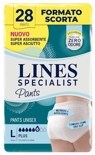 Lines Specialist Pants Plus Unisex, Mutande Assorbenti per Incontinenza Donna e Uomo, Asciutto Lampo e Massima Protezione, Zero Odore, Taglia L, Confezione da 28 Pezzi