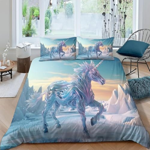 3D Bettwäsche-Set, Tier Einhorn Pferd 135X200 cm Microfaser Bedrucktes Elegant Weiche Bettbezug 2 Kopfkissenbezug 80 cm X 80 cm Bettbezug Mit Reißverschluss Schließung - Komfortab-8720388355423480000