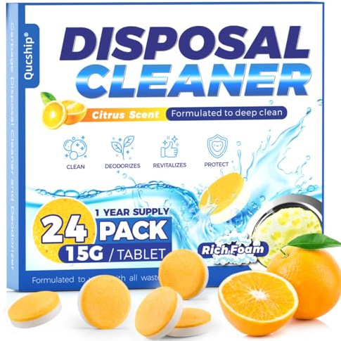 Deodorizer Tabletter för avfallshantering, 24 Count, 1 års leverans | XXL Skummande åtgärd, citrusdoftande, diskbänk dräneringsfräschare, lukteliminator, septiskt säker, naturlig rengöringsvård