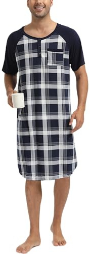 Enjoyoself Chemise de Nuit Homme Hauts de Pyjama Tee-Shirt Longueur Genou Col V avec Boutons Manches Courtes Vêtements d'Intérieur Douce Confortable Grande Taille M-4XL