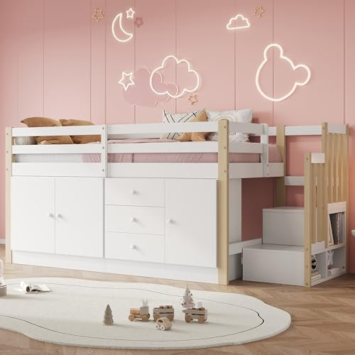 Nigfei Kinderhochbett, Kinderbett, Einzelbett, Multifunktions-Kinderbett, mit Treppe, mit Schubladen, mit 2 Stauschränken und Wäschestange, ohne Matratze, weiß 90 * 200