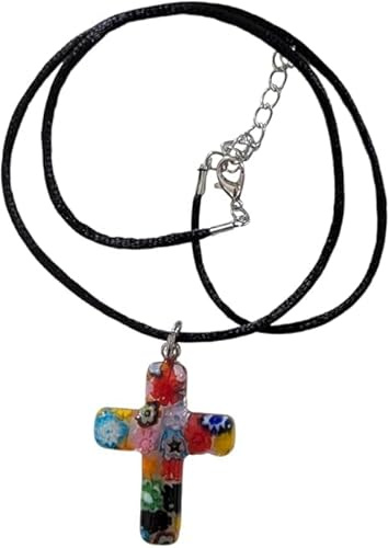 OVUNQUE PROTEGGIMI Ciondolo Croce in Vetro di Murano, Murrina Multicolore Artigianale, Collana con Cordino in Velluto, Confezione Regalo