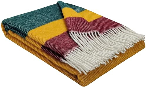 STTS International Wolldecke 100% Schurwolle Wohndecke 140 x 200 cm Tagesdecke Schurwolldecke Woll-Plaid Tirol in vielen Farben erhältlich (Senf-Grün-Rot (Streifen))