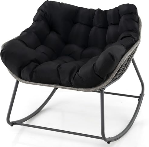 LIFEZEAL Silla Mecedora de ratán para jardín, sillón balancín para Exteriores, Silla de Relax con cojín Acolchado, sillón de Lectura para balcón, Porche, salón y terraza (Negro)