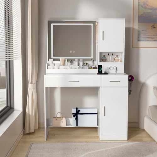 OCTTZ Schminktisch mit Spiegel und LED-Beleuchtung, Frisiertisch Weiß mit Steckdosen, Kosmetiktisch Holz mit Haartrocknerständer, Moderner Schminktisch Set für Wohnzimmer Schlafzimmer
