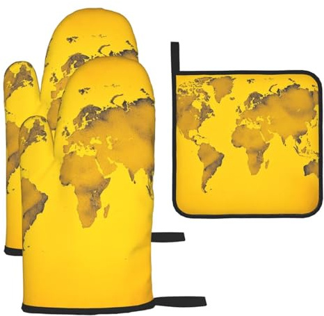 Oven Mitts and Pot Holders Sets 3Pcs Heat Resistant Extra Thick Long Oven Gloves Non-Slip Cooking Gloves Yellow World map Kitchen Potholder Pan Racks for Baking BBQ Glove