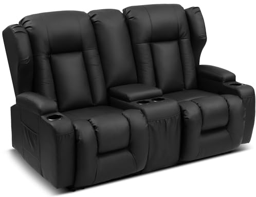 SITURAY 2er Relaxsessel mit Liegefunktion Fußteil, Zweisitzer Fernsehsessel 2 Sitzer TV Sessel mit Konsole, Manuell Verstellbar Doppel Kinosessel bis 360 kg (Feste Mittelkonsole, Kunstleder Schwarz)
