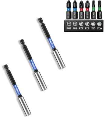 WojBear 3 PCS Magnetic Extension Bit Holder Set, 3 * 100mm Drill Bit Holder for Impact Driver with 6 PCS Screwdriver Bits, 2*PZ2 2*PH2 T20 TT20