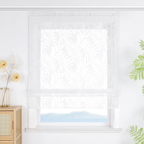 ESLIR Raffrollo mit Klettband Ausbrenner Weiß Raffgardinen Landhausstil Transparent Gardinen Wohnzimmer Bändchenrollo für Fenster ohne Bohren BxH 140x140 cm 1 Stück