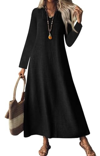 VLOYSR Dresses for Women UK V Neck 3/4 Sleeve Breathable Boho Maxi Dress Solid Color Loose Cotton Linen Flowy Autumn Vacation Plus Sizes Maxi Dresses for Women UK