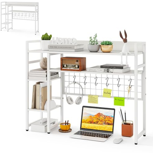 HOMASIS 4-stufiges Schreibtischregal mit 6 Haken & Gitter, Tischregal aus Holz & Metall, Tischorganizer für Monitore, Bücherregal mit Kippsicherung, Schreibtisch Aufsatzregal für Büro (Weiß)