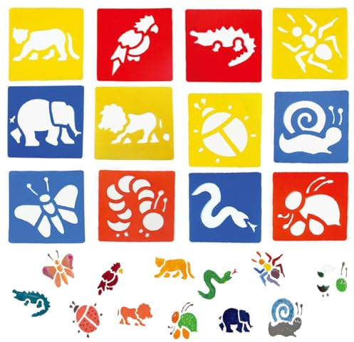 JYNXOR 12 Pcs Stencil Bambini Per Pittura Set 15 x 15 Cm Stencil Per Pareti Bambini Stencil Muro Grandi Modelli Pittura Animali Stencil Riutilizzabili Stampini Da Disegno Per Pittura e Fai Da Te