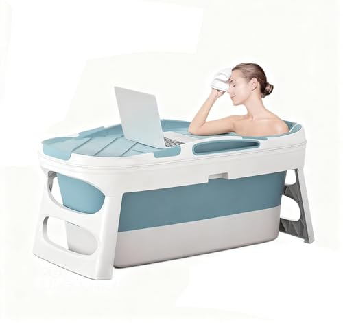 Vasca da Bagno Pieghevole 3 Misure con Coperchio e Tubo di Scarico Salvaspazio Portatile per Adulti Bambini Viaggi, Isolamento 360°, Casa Appartamento(Blue,Medium)