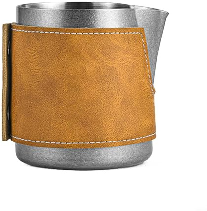 Pichet à mousse de lait en acier inoxydable 450 ml/500 ml avec poignée en cuir résistant à la chaleur pour expresso latte art, design sans poignée pour Preci, argenté 400 ml