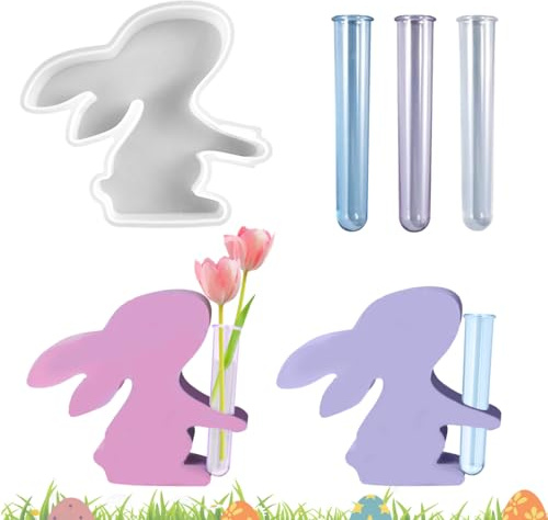 Silikonformen Gießformen Ostern, Gießformen Vase Silikonform Hase mit 3 Reagenzglas, Kaninchen Epoxidharz Formen für Hydrokulturvase, Ableger Pflanzen, Ostergeschenke