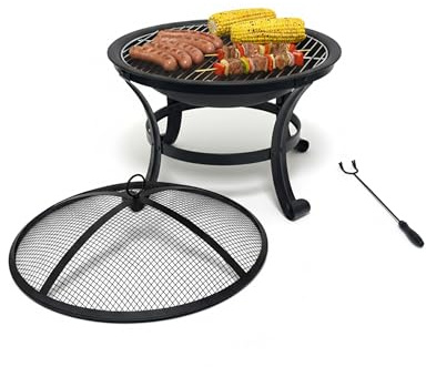 Relaxdays eldskål med grillgaller, gnistskärm, Poker, stål, 55 cm diameter, svart trädgård eldstad