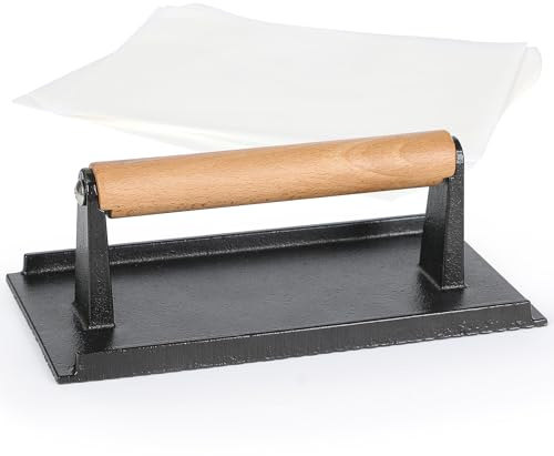 STYDDI Rechteckige, robuste Burgerpresse aus Gusseisen mit Holzgriff, Grillpresse für Smash Steaks, Speck und Paninis, ideal für Grill, Pfanne und Grillplatte, inkl. 50 Patty-Papiere