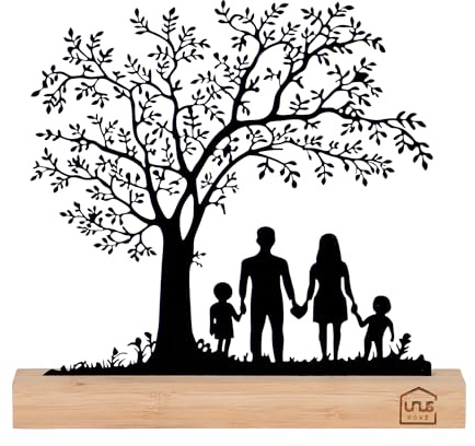 UNUS Deko Aufsteller Familie unter Baum Metallfigur mit Bambus Sockel | Moderne Tischdeko Familienmotiv Wohnzimmer Deko Geschenk Familie