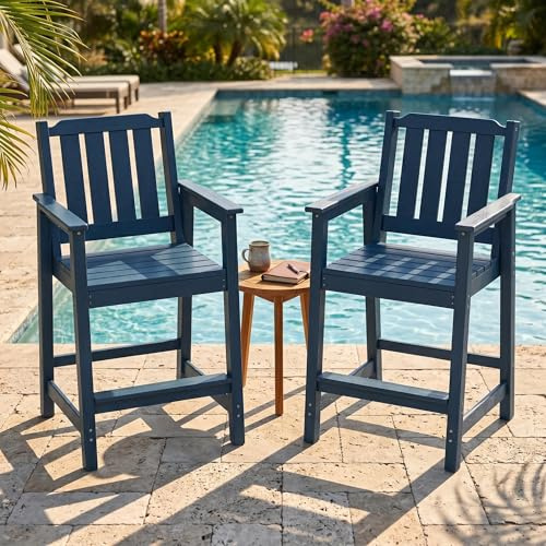 GarveeHome Barstuhl-Set (2 Stück) für die Terrasse – HDPE-Barhocker | Wetterfeste Barhocker mit breiter Sitzfläche – Adirondack-Stühle mit breiten Armlehnen für Garten, Poolbereich und Bistro