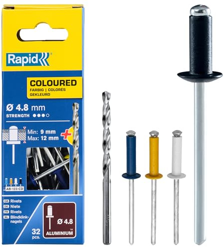 Rapid blindnitar färgade Ø 4,8 mm, 9–12 mm klämområde, 32 st. Aluminiumnitar, set inklusive borr, för blinda nitar