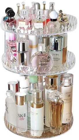 TRIXES 3-stufiger Make-up-Organizer – 360° drehbar – Transparentes Acryl | Verstellbarer Organizer mit 2 oder 3 Ebenen für Kosmetik, Parfüm und mehr – Stilvolle Aufbewahrung in Facettenglas-Optik