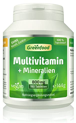 Greenfood Multivitamin, hochdosiert - 180 Tabletten, vegan. Vitamine plus Mineralien & Spurenelemente. Mit hoher Bioverfügbarkeit. A bis Z Komplett-Versorgung. OHNE künstliche Zusätze - laborgeprüft.