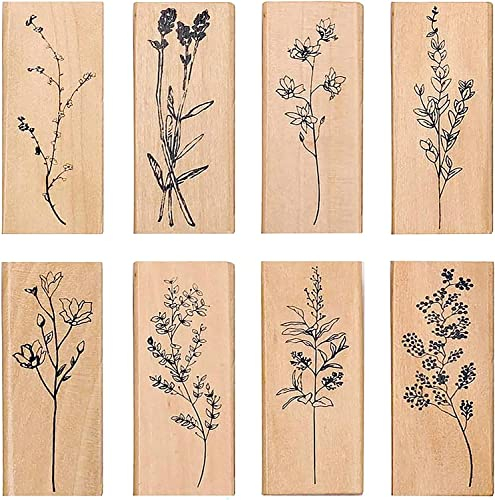 Lychii Stempel Holz Set Vintage Holzstempel Blumen und Blätter Stempel Pflanzen Blumen Gräser Holzstempel zum Basteln für DIY Handwerk Basteln Scrapbooking