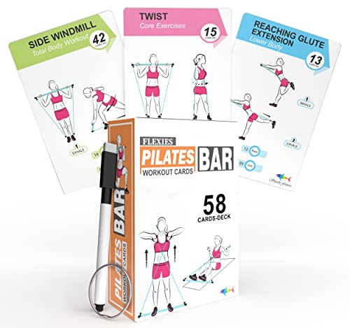 Flexies Pilates-Bar-Workout-Karten – 58 Übungskarten mit Pilates-Stick, Trainingshaltungen, Anleitung und Atemtipps, inklusive Ring und trocken abwischbarem Marker zum Erstellen Ihres individuellen