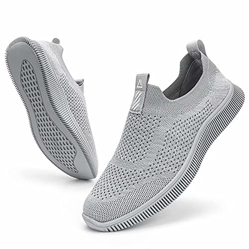 MrToNo Slip On-sneakers för män och kvinnor, sportskor, fitness, gympahall, fritidsskor, ventilerande, lätta joggingskor/löparskor för gator, bekväma, utomhus, promenadskor, LJUSGRÅ, 44 EU