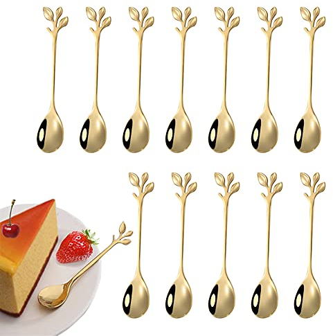 12 Stück Edelstahlblatt Kaffeelöffel, Blattform Grifflöffel Edelstahl Teelöffel, Mini-Kaffeelöffel Zweig Design Dessertlöffel, verwendet für Wasser Tee Milch Kaffee Dessert Getränke Utensilien(Gold)