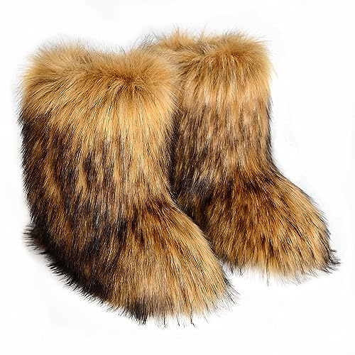 MRTAILOR Furry Boots for Women Girls Faux Fur Fuzzy Fluffy Snow Boots Colorful with Round Toe Water Resistant Flat Platform Shoes Rubber Sole for Winter Outdoor Christmas Fashion Party(Brown 8)