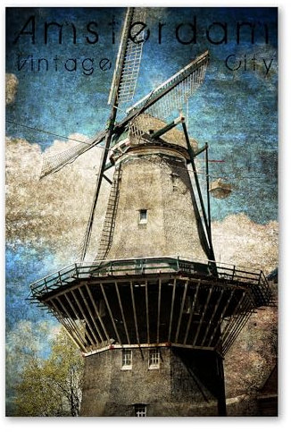 Postereck - 2058 - Amsterdam Vintage Plakat, Windmühle Niederlande - Spruch Schrift Wandposter Fotoposter Bilder Wandbild Wandbilder - Leinwand - 60,0 cm x 40,0 cm