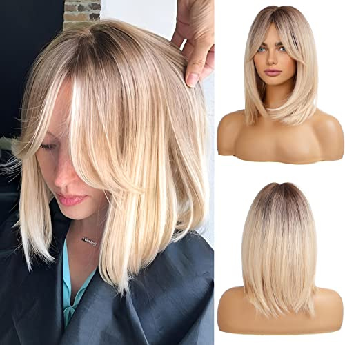 HAIRCUBE Kunsthaar-Perücke für Damen, blond, schulterlang, geschichtet, mit dunklen Wurzeln, kurz, mit Pony, für den täglichen Gebrauch oder Cosplay