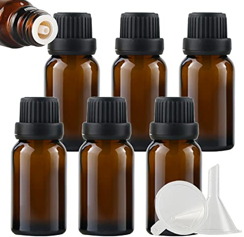 ZEOABSY 6 Stück Leer 15ml Braunglas Flasche mit Tropfmontur Originalitätsverschluss, Tropfflasche Braun mit Schwarz Schraubverschluss Glasflaschen für Ätherisches Öle Essenzen Aromatherapie