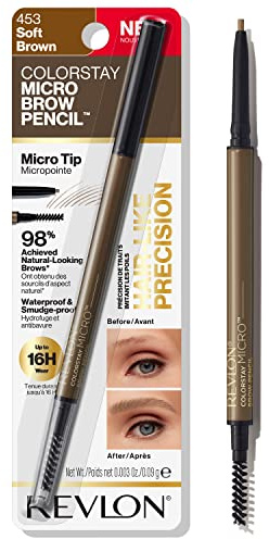 Revlon ColorStay Micro Eyebrow Pencil with Built In Spoolie Brush, Infused with Argan and Marula Oil, Waterproof, Smudgeproof, 453 Soft Brown, 0.003 oz