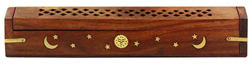 Sheesham Wood Incense Burner - Handmade Coffin Style Sun and Moon Inlay Incense Holder - Aromatherapy Room Freshener Cone Incense Stick Burner Ash Catcher - Zen Home Gift - 12x2x2 - COTTON CRAFT