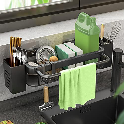 UMILKI Spülbecken Organizer Hängend, Kein Bohren Küchen Caddy Halter Ablage mit 4 Klebstoff Edelstahl Küche Spüle Organizer mit 2 Stäbchenhalter,Handtuchhalte und Haken(Schwatz)